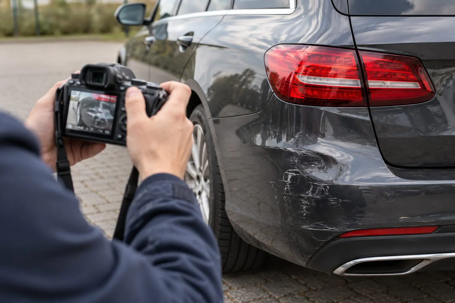 Person fotografiert einen eingedrückten hinteren Stoßfänger.