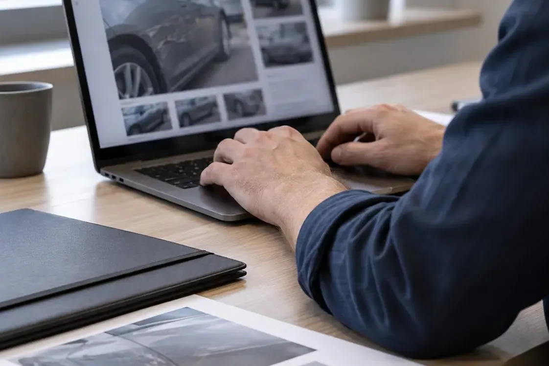 Auswertung von Fahrzeugfotos und Unterlagen am Laptop.