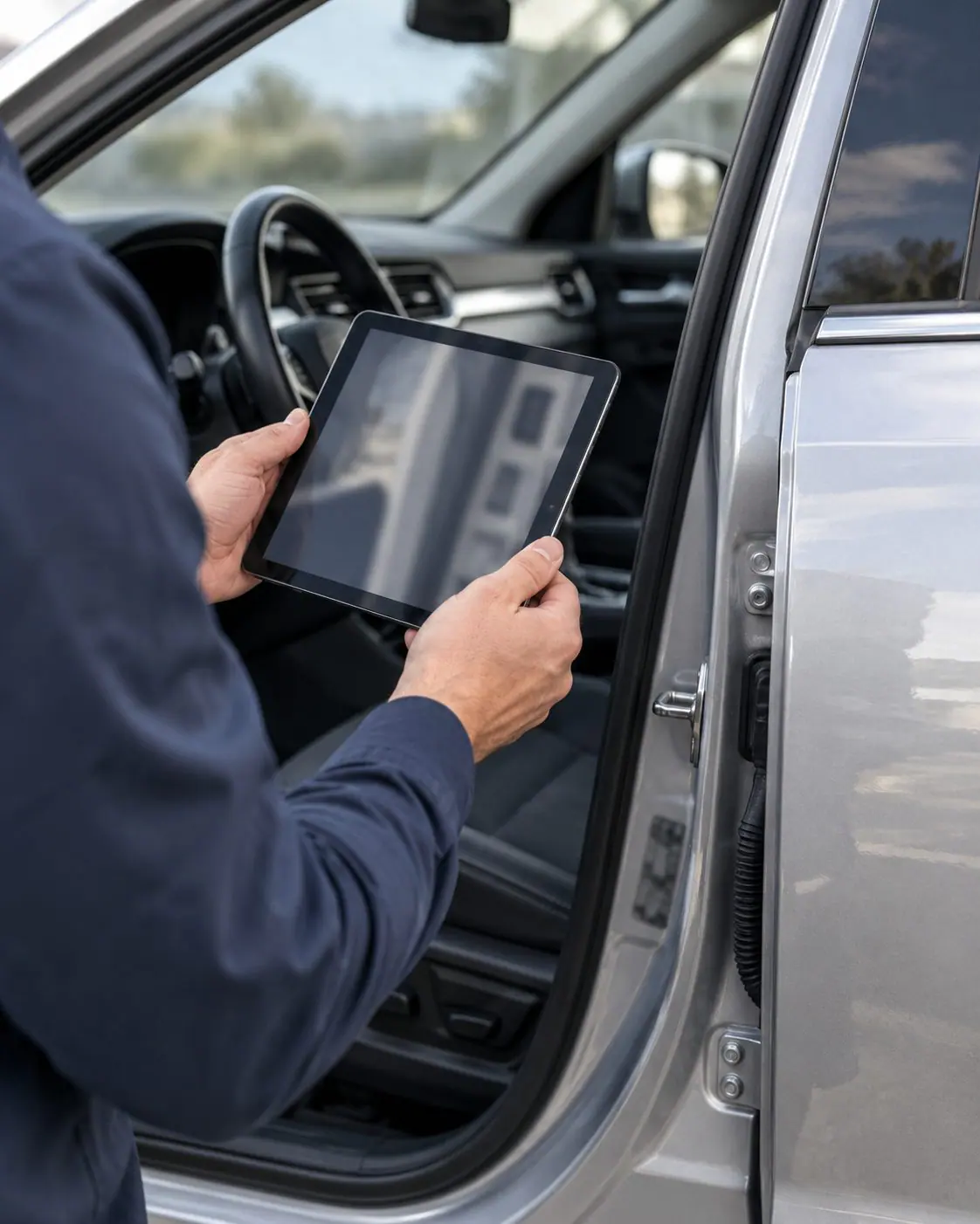 Person mit Tablet erfasst Fahrzeugdaten an der geöffneten Fahrertür.