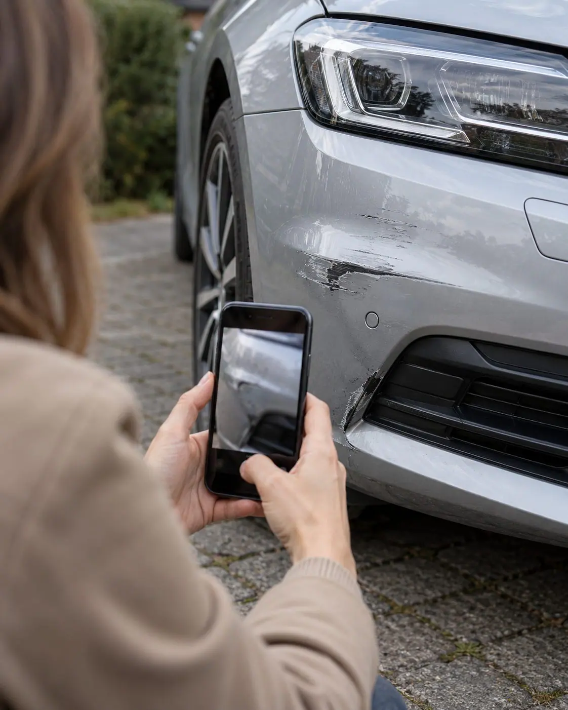 Fahrzeughalterin fotografiert einen Stoßfängerschaden mit dem Smartphone.